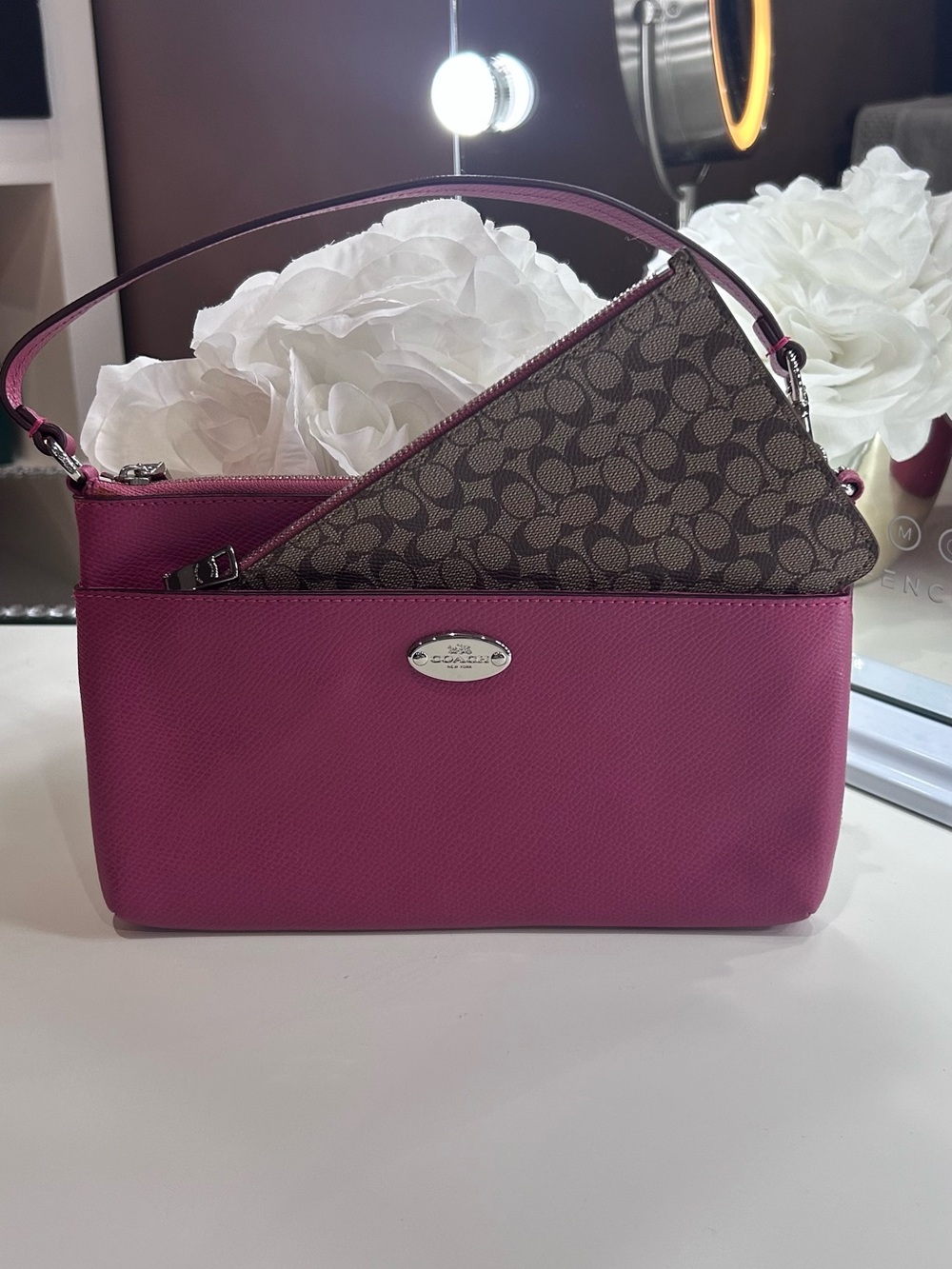 Coach Magenta Leather & Signature Canvas Wristlet